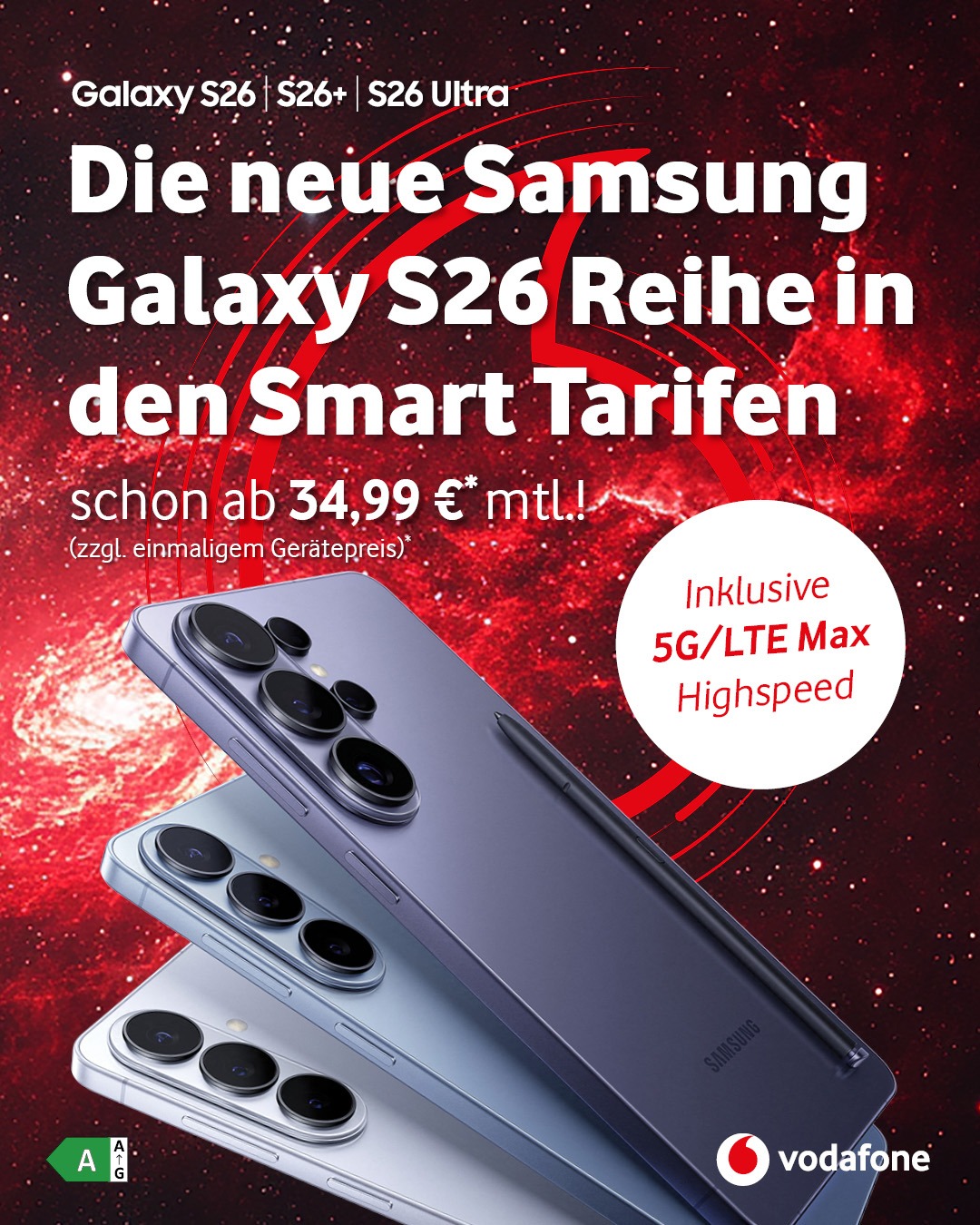 Vodafone Smart Tarife mit Samsung Galaxy S26 ab 34,99 € mtl.