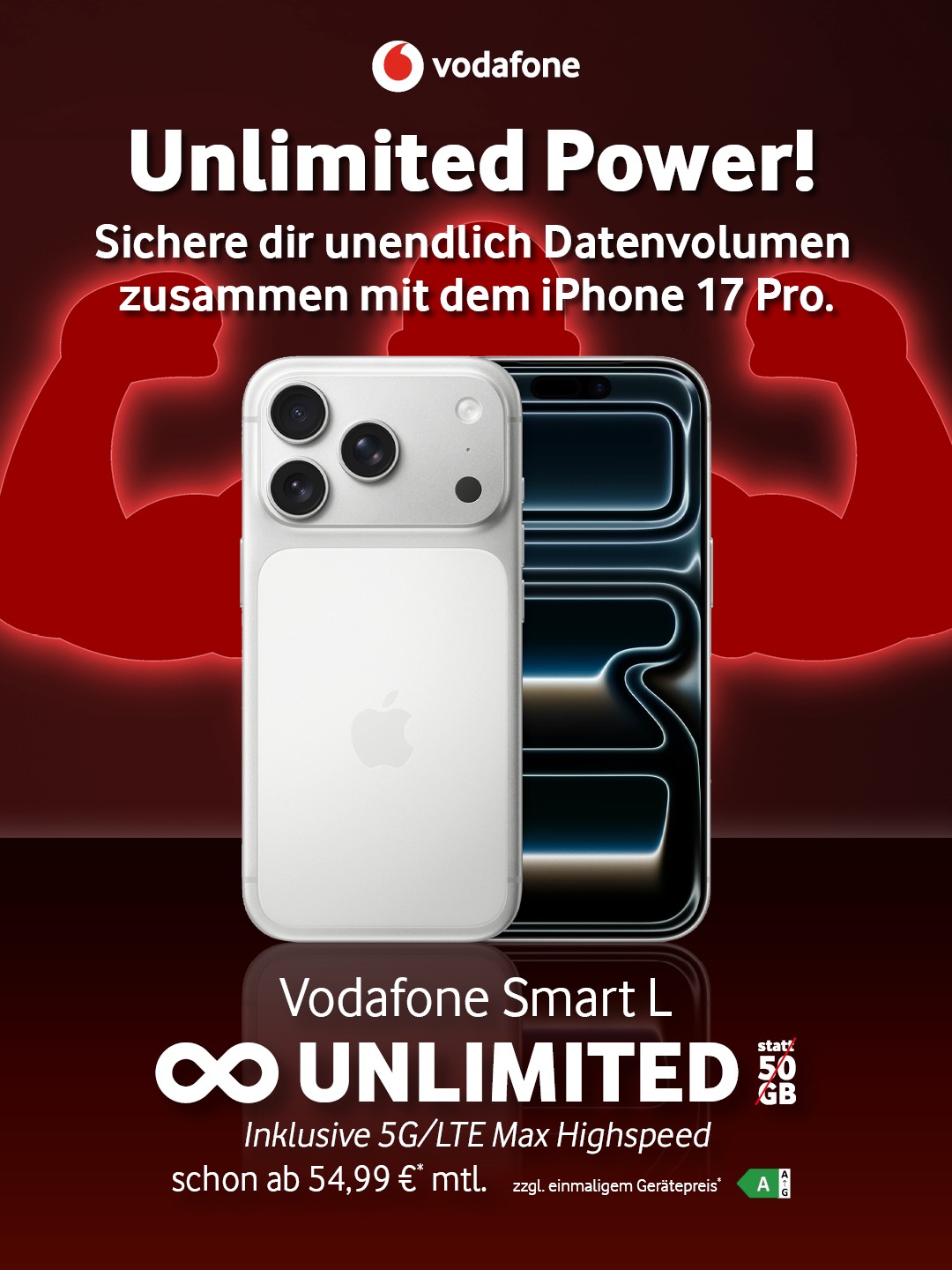Vodafone Smart L mit unlimitiertem Datenvolumen statt 50 GB schon ab 54,99 €* mtl. zusammen mit dem Apple iPhone 17 Pro