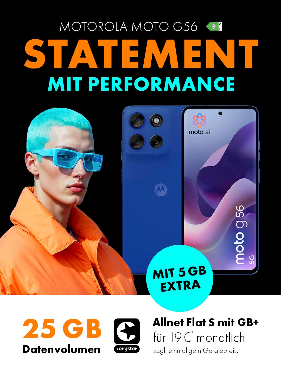 Congstar Allnet Flat S mit GB+ für mtl. 19 € und Motorola Moto G56