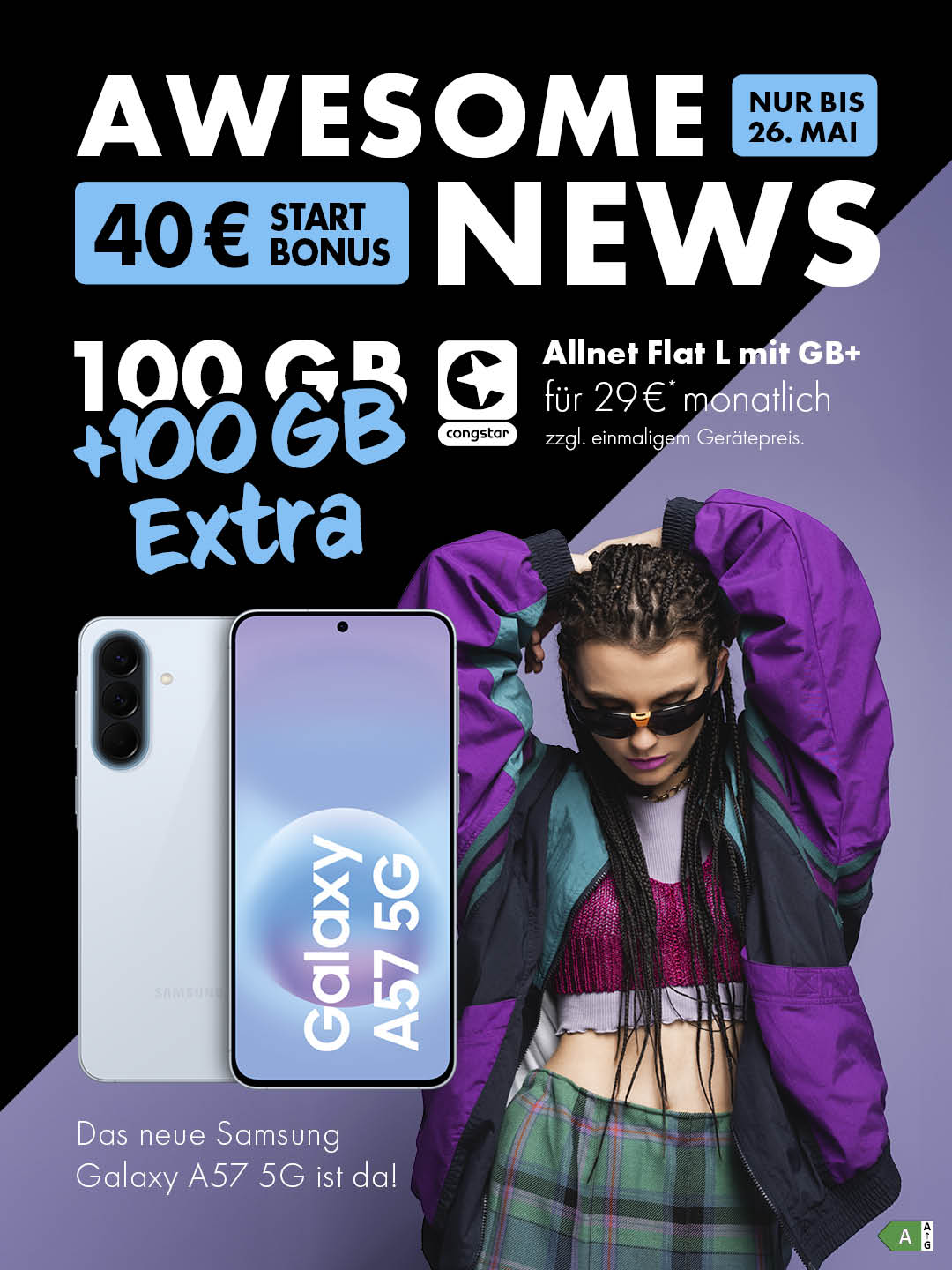 congstar Allnet Flat L mit GB+ und Samsung Galaxy A57 5G - 100 GB + 100 GB extra rü 29 € mtl. + 40€ Strtbonus