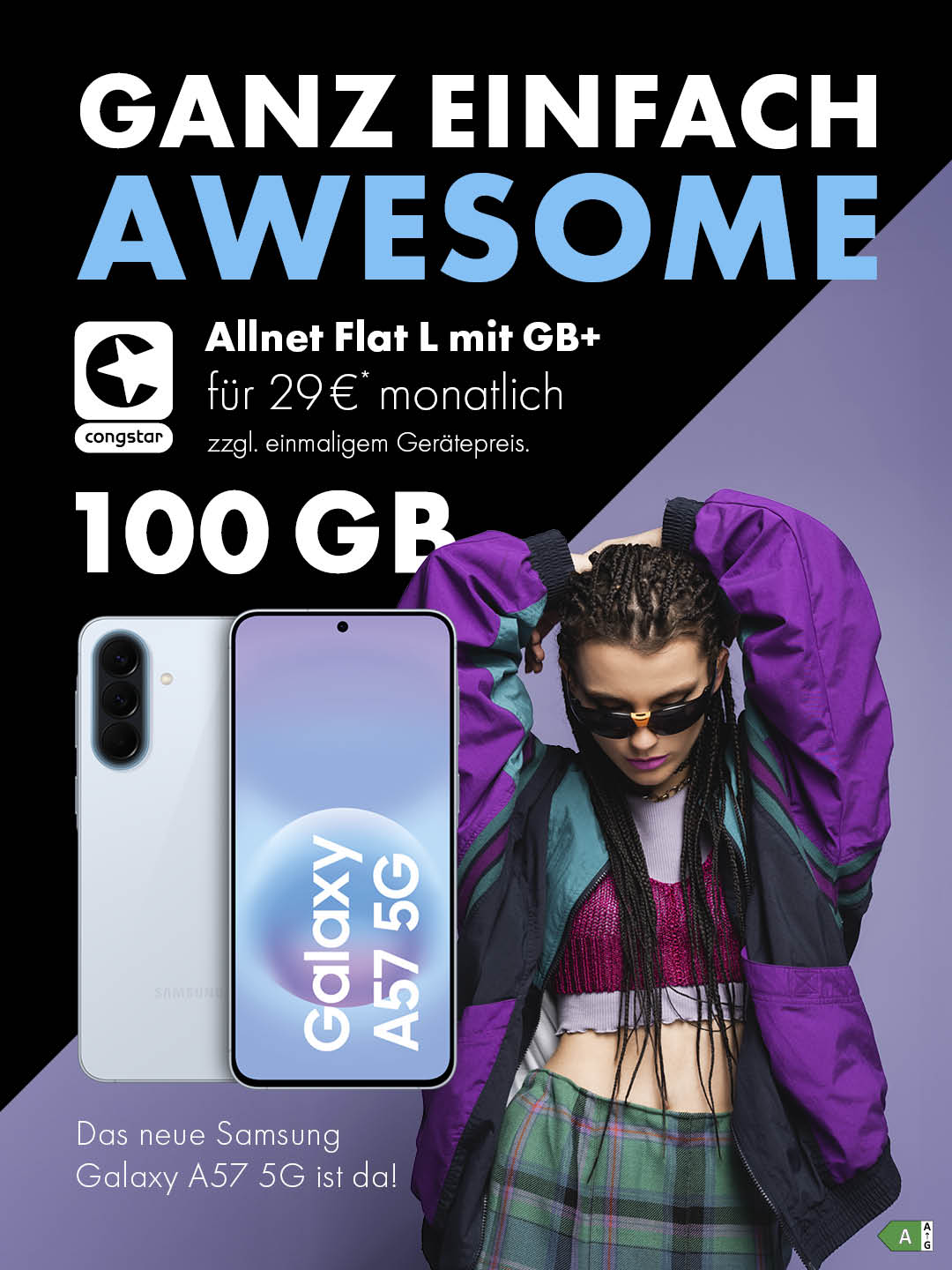 congstar Allnet Flat L mit GB+ und Samsung Galaxy A57 5G - 100 GB für 29 € mtl.