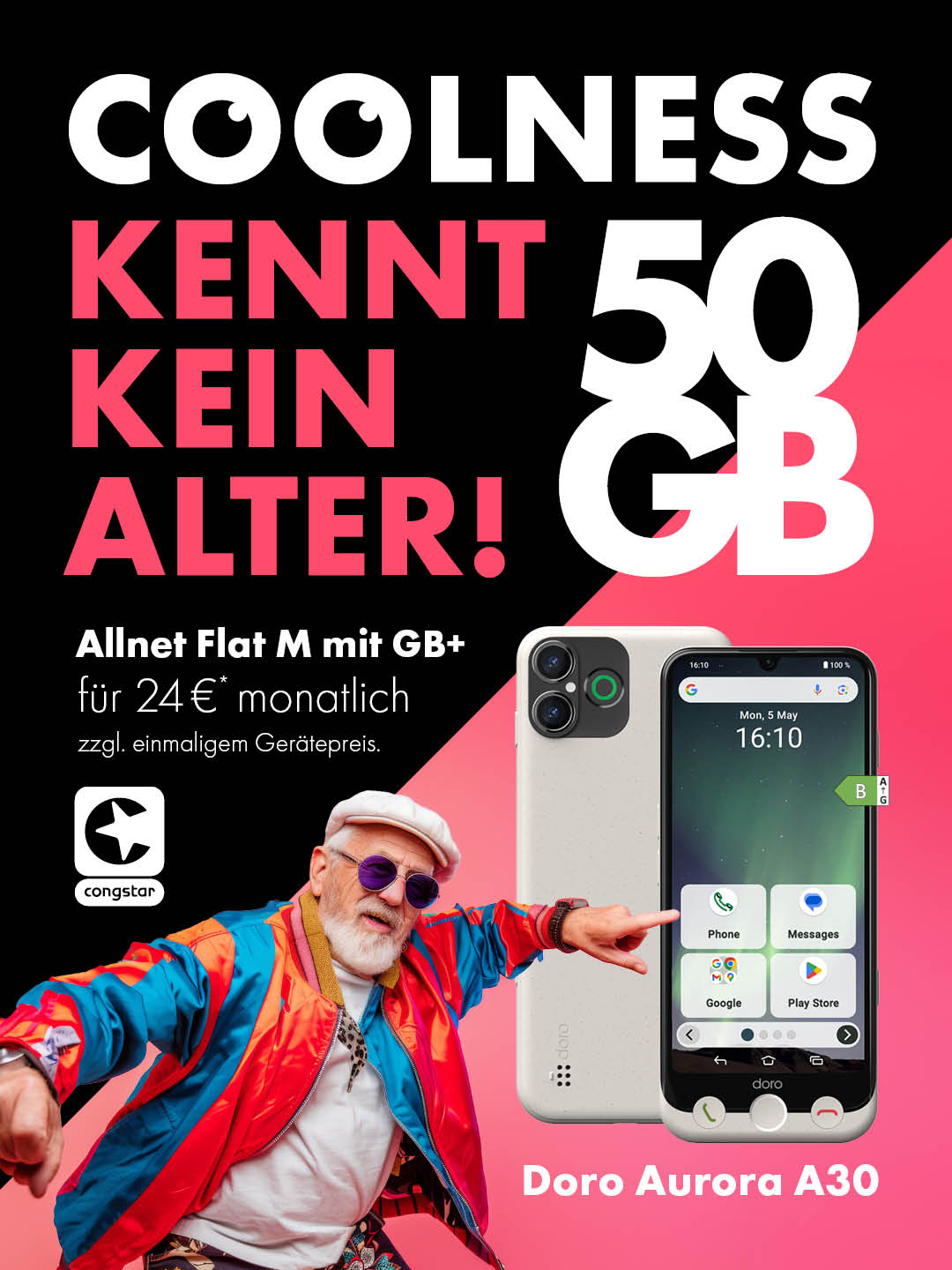 congstar Allnet Flat M mit GB+. 50 GB Datwenvolumen + SMS und Telefonie Falt für 24 € mtl. + Doro Aurora A30 zuzüglich einlaigem Gerätepreis.