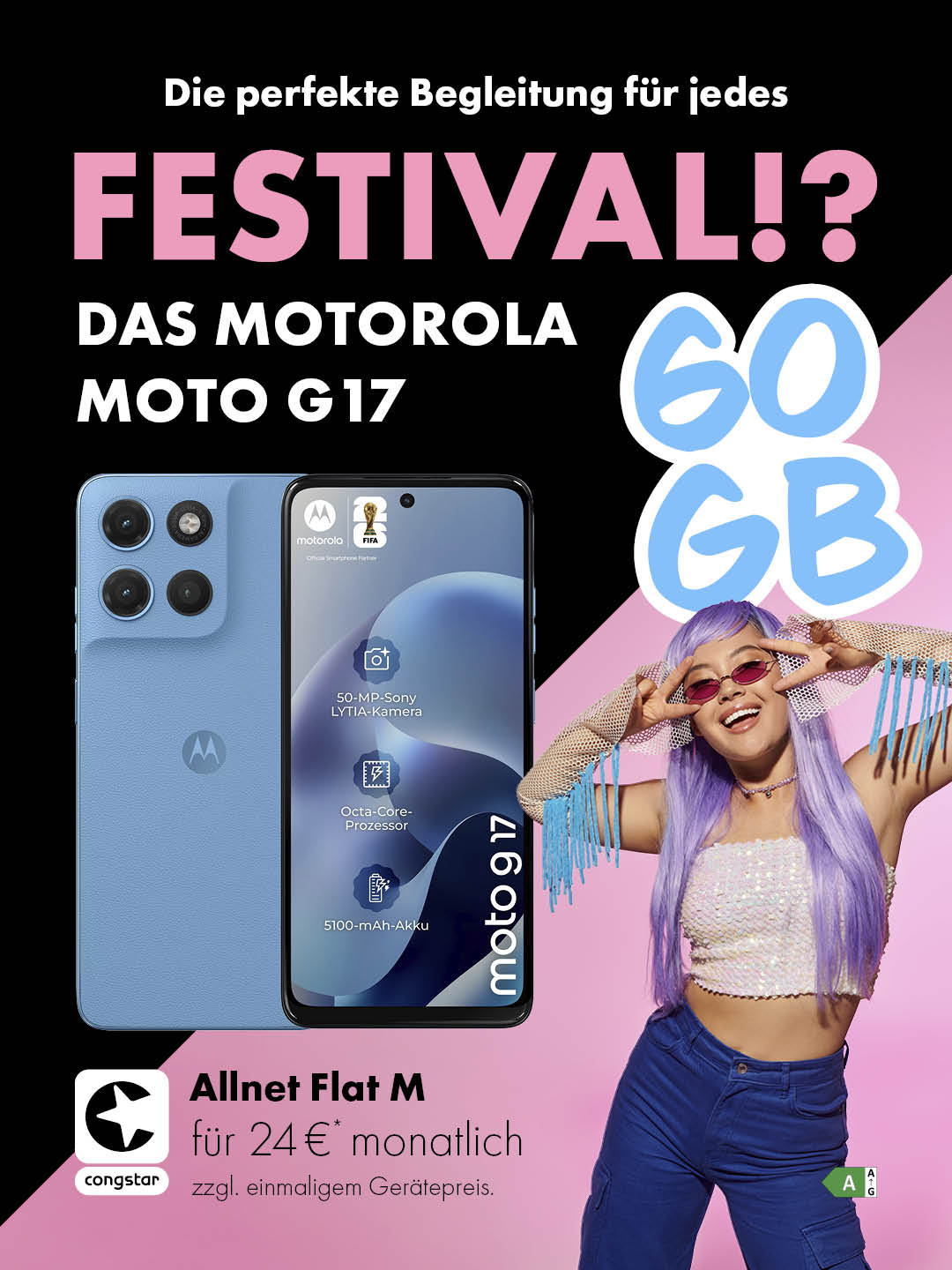congstar Allnet Flat M mit 60 GB datenvolumen und dem Motorola Moto G17