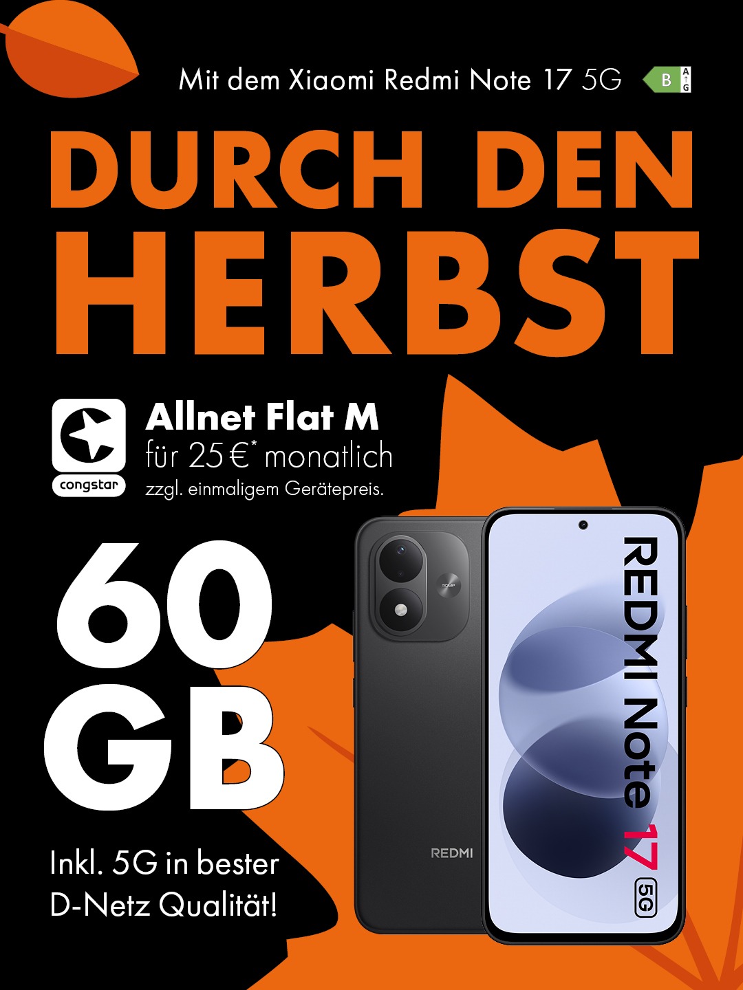 congstar Allnet Flat M mit 60 GB Datenvolumen und dem Xiaomi Redmi Note 17