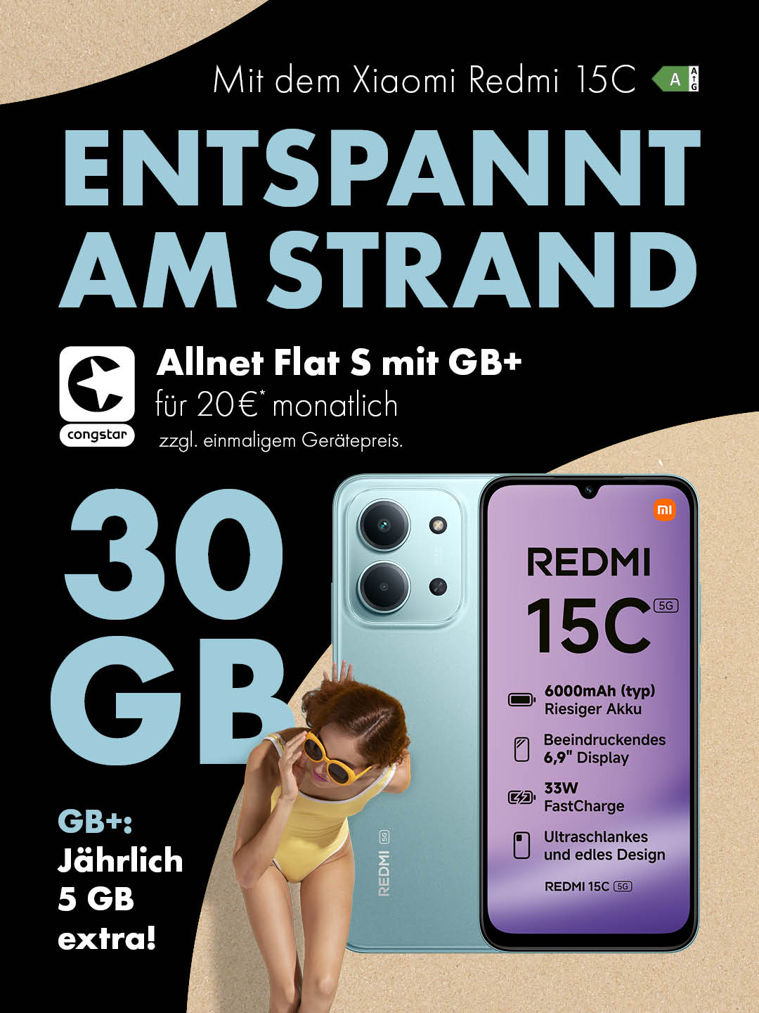Mit dem Xiaomi Redmi 15C und der congstar Allnet Flat S mit GB+ entspannte Tage am Strand genießen.