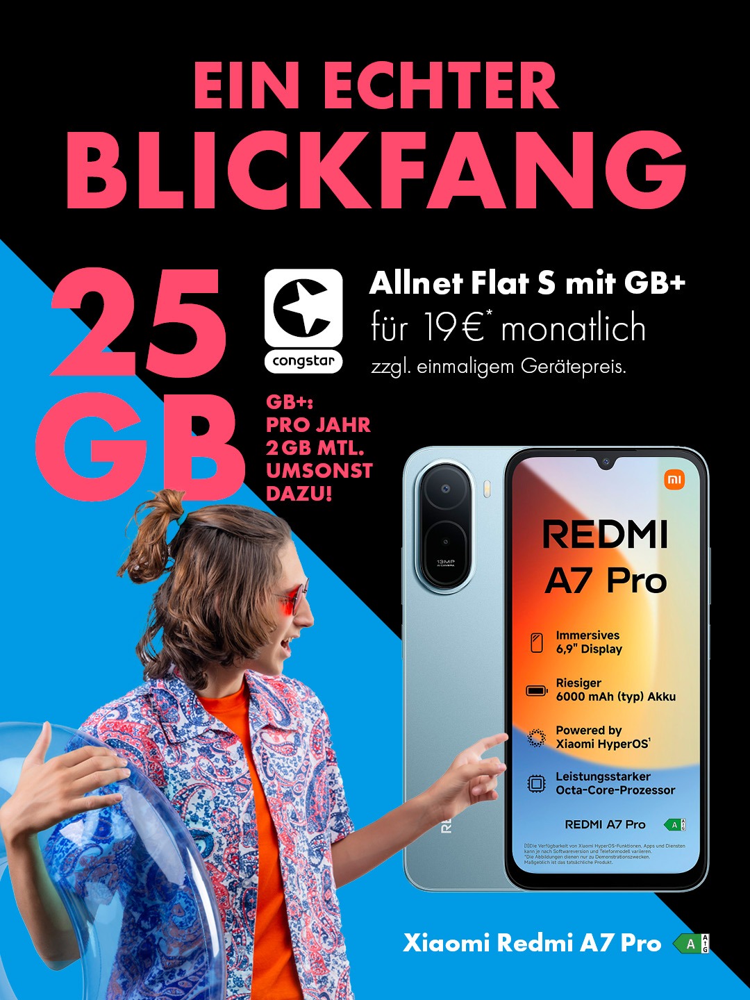 congstar Allnet Flat S mit GB+. 25 GB Datenvolumen + SMS und Telefonie für 19 € mtl. Xiaomi Redmi A7 Pro zuzüglich einmailger Gerätepreis.