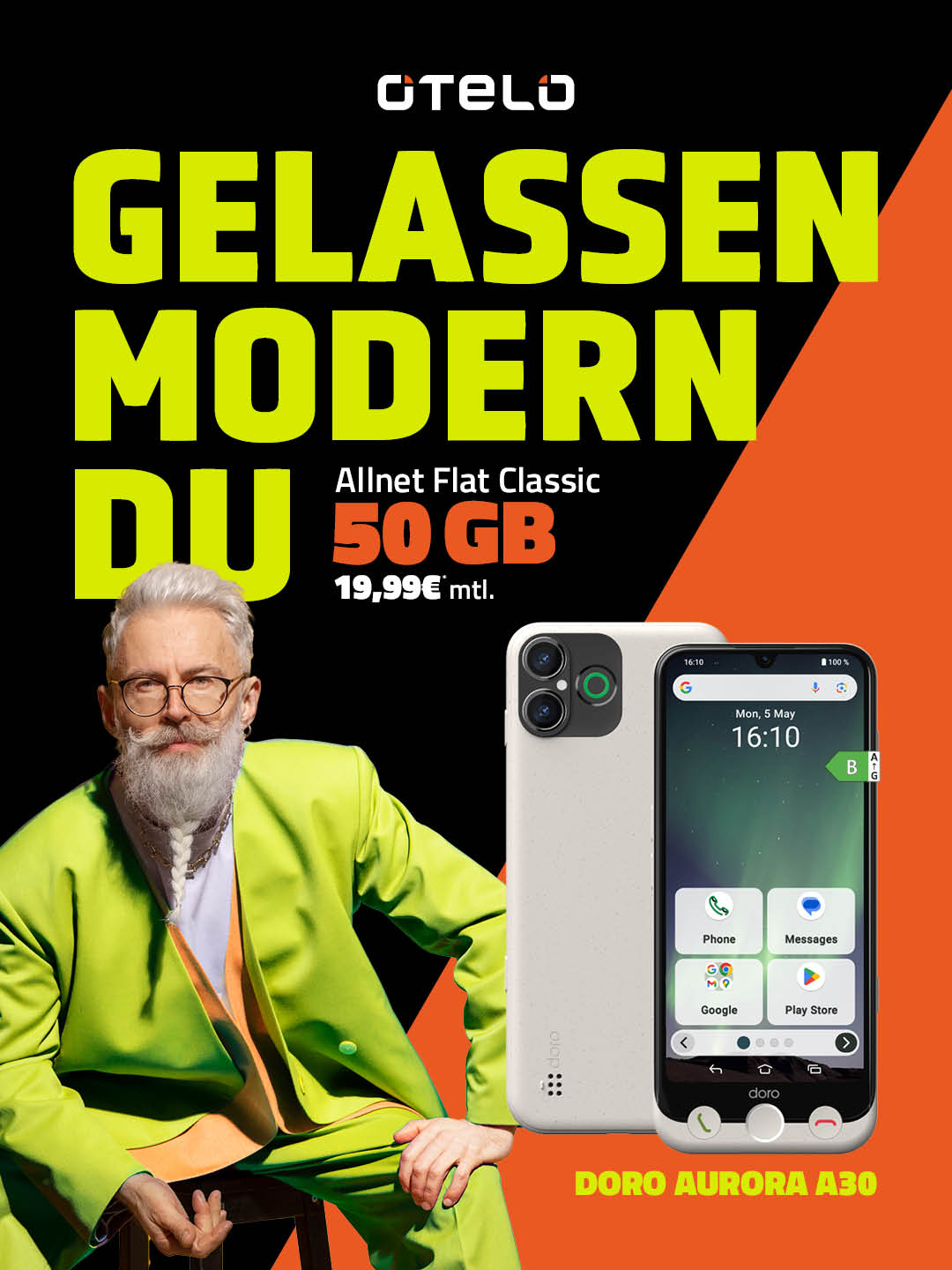 otelo Allnet Flat Classic. 50 GB Datenvolumen + SMS und Telefonie Flat für 19,99 € mtl. Doro Aurora A30 zuzüglich einmaligem Gerätepreis.
