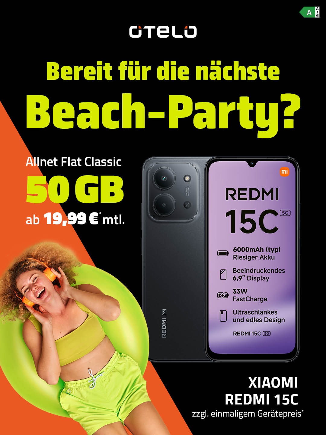 Jetzt das Xiaomi Redmi 15Czusammen mit der otelo Allnet Flat Classic und 50 GB Datenvolumen sichern.