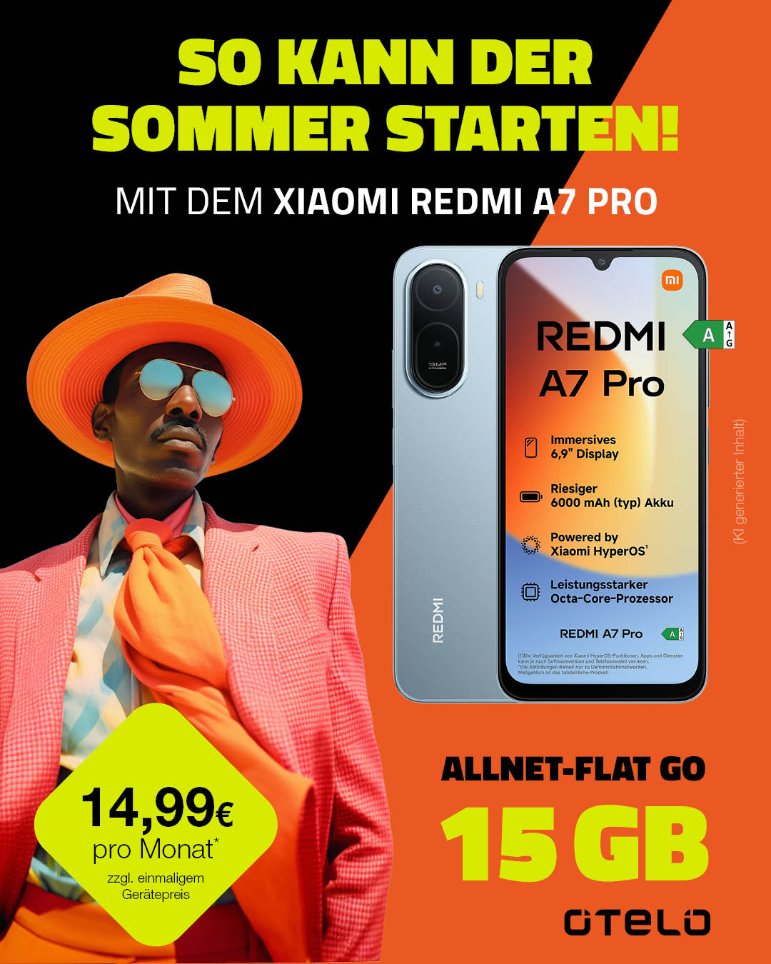 otelo Allnet Flat Go - mit 15 GB Datenvolumen und SMS und Telefonie Flat für 14,99 € mtl. + Xiaomi Remdi A7 Pro zuzüglich einmaligem Gerätepreis.