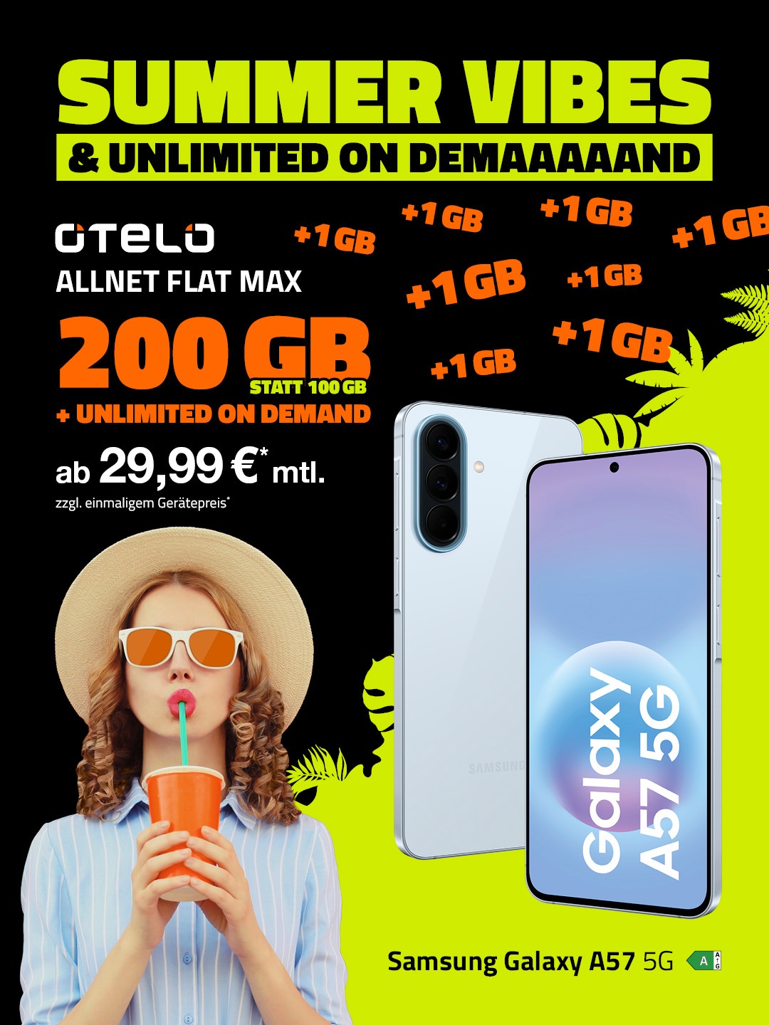 otelo Allnet Max mit 200 GB und Unlimired on Demand zusammen mit dem samsung Galaxy A57 5G