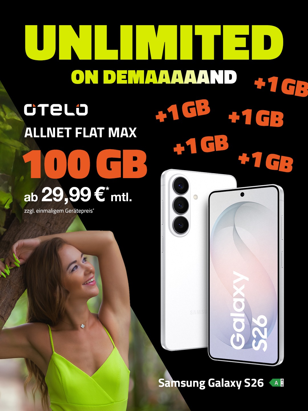 Hole dir jetzt Unlimited on Demand mit der otelo Allnet Flat Max und dem Samsung Galaxy S26.