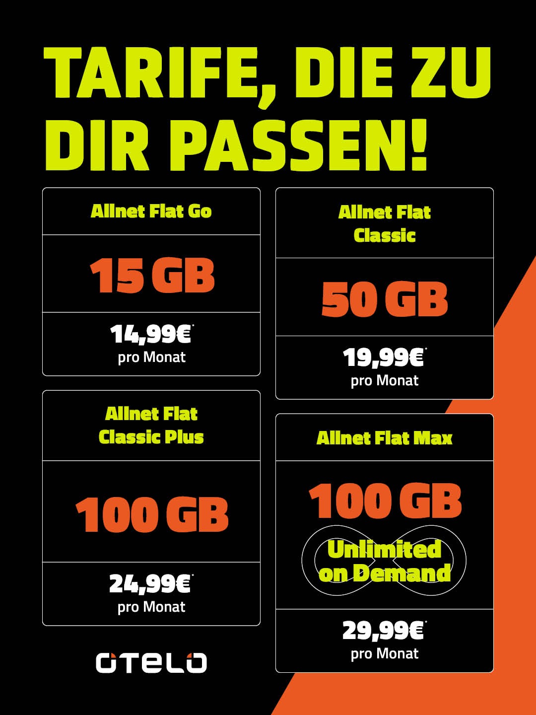 otelo Tarifübersicht - Allnet FLat Go mit 15 GB für 14,99 € mtl., Allnet Flat Classic mit 50 Gb für 19,99 € mtl., Allnet Flat Classic Plus für 24,99 € mtl. und Allnet Flat Max mit 100 GB und Unlimited on Demand für 29,99 € mtl.